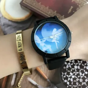 2017 Creative Angel Wings Pattern Personality Female Starry Sky Space Watch Unique Crescent Shape Second Hand Watch