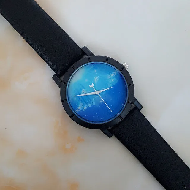 2017 Creative Angel Wings Pattern Personality Female Starry Sky Space Watch Unique Crescent Shape Second Hand Watch
