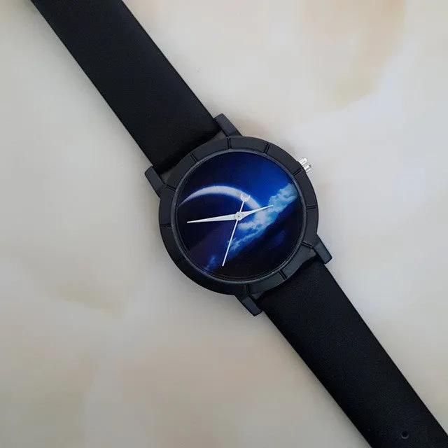 2017 Creative Angel Wings Pattern Personality Female Starry Sky Space Watch Unique Crescent Shape Second Hand Watch