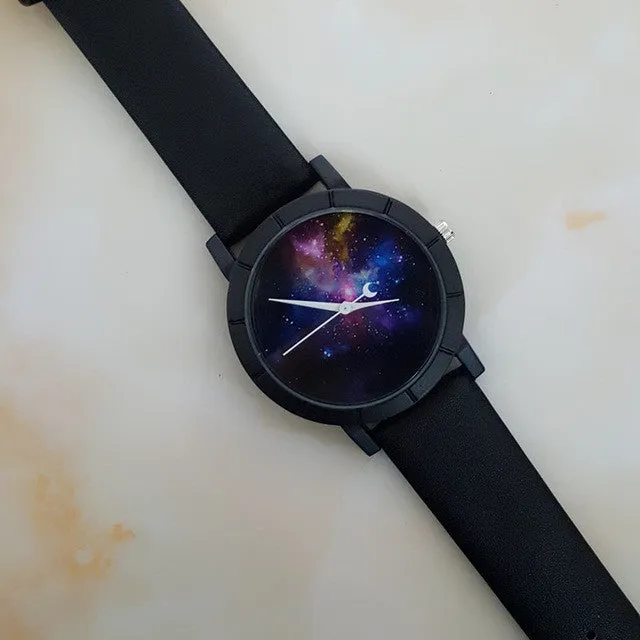 2017 Creative Angel Wings Pattern Personality Female Starry Sky Space Watch Unique Crescent Shape Second Hand Watch