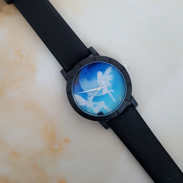 2017 Creative Angel Wings Pattern Personality Female Starry Sky Space Watch Unique Crescent Shape Second Hand Watch