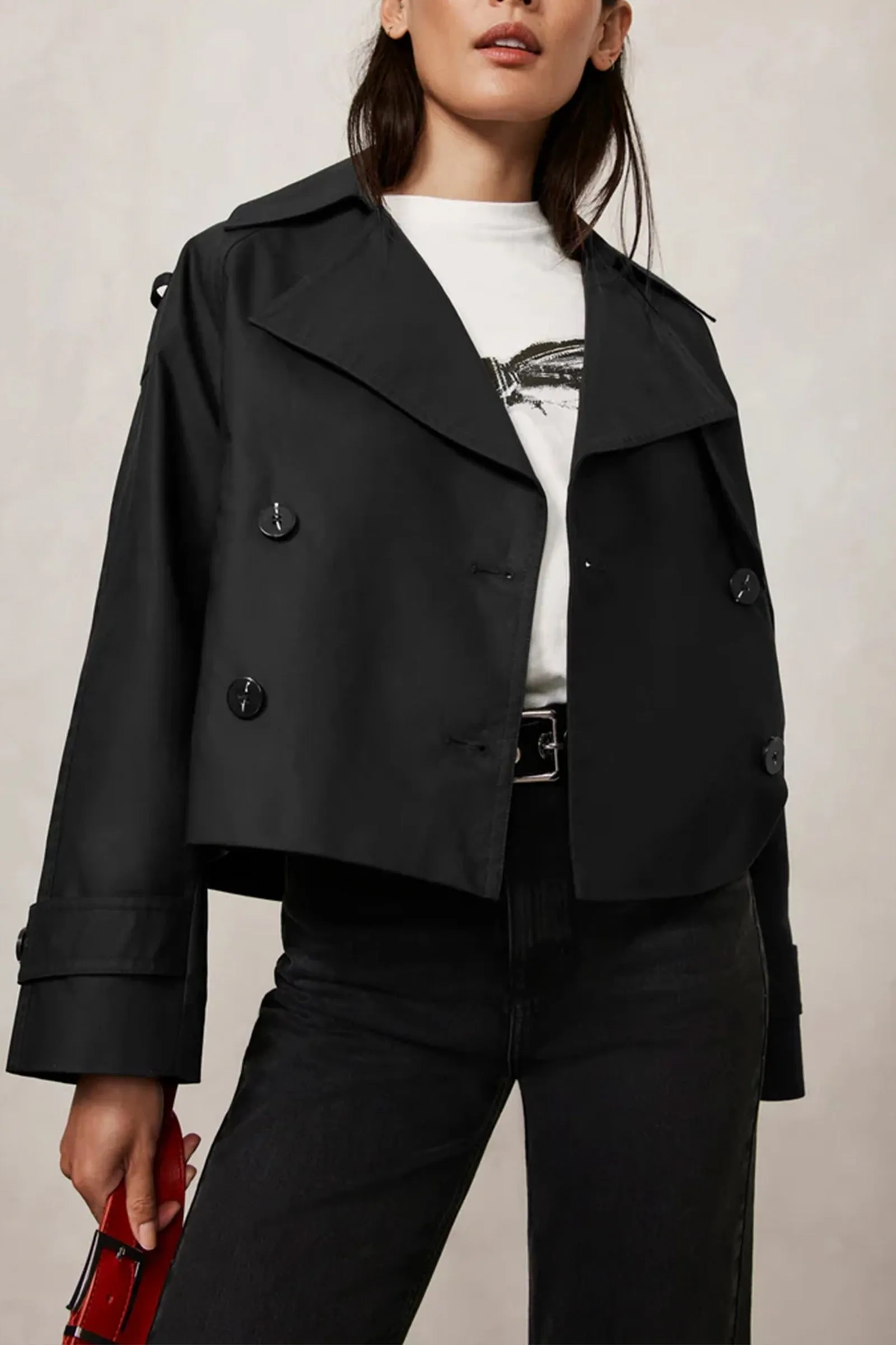 Black Cotton Cropped Trench Coat