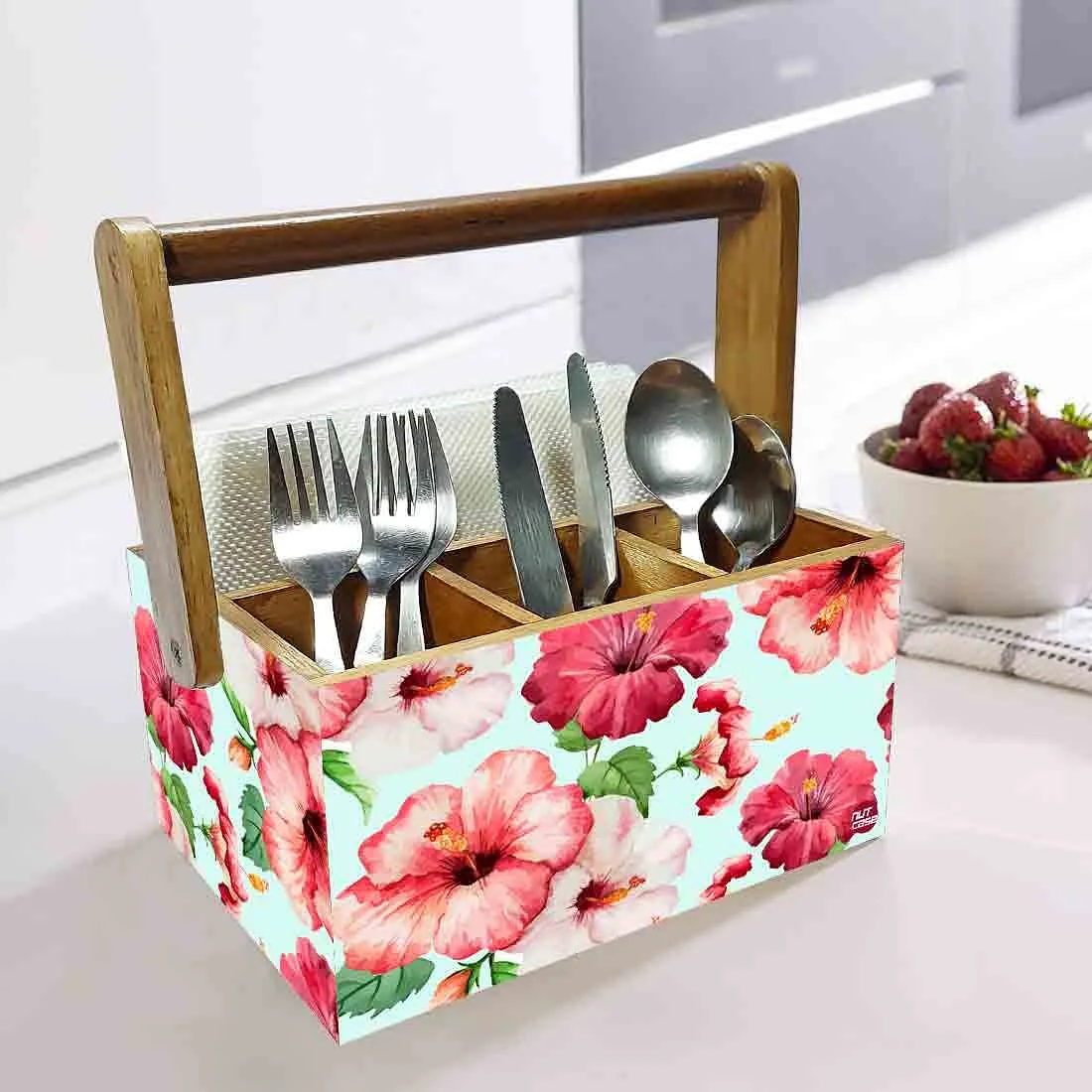 Cutlery and Tissue Holder With Handle for Dining Table Organizer - Hibiscus