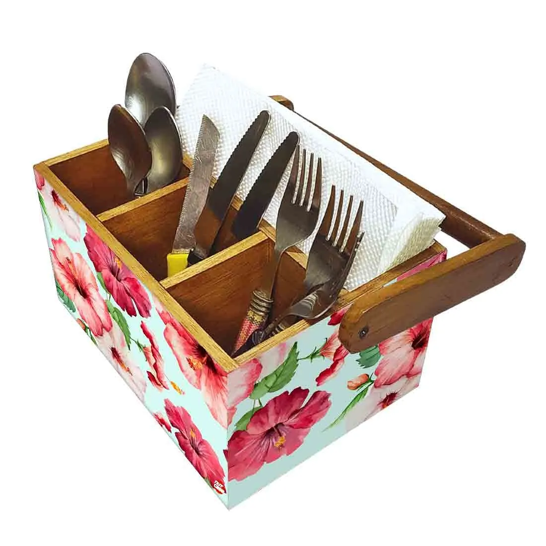 Cutlery and Tissue Holder With Handle for Dining Table Organizer - Hibiscus