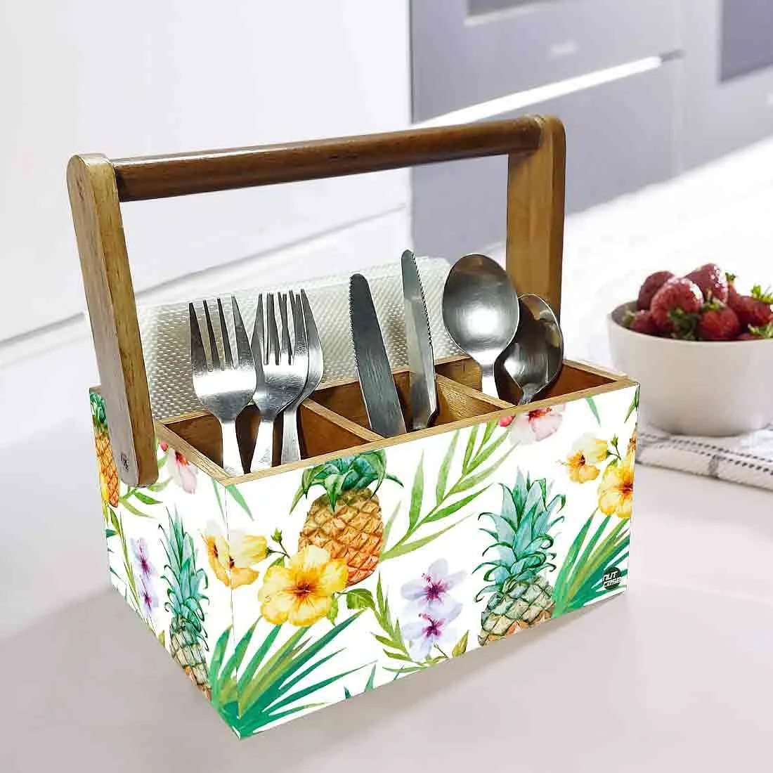 Cutlery Holder With Handle for Dining Table Spoons Tissue Organizer - Pineapple