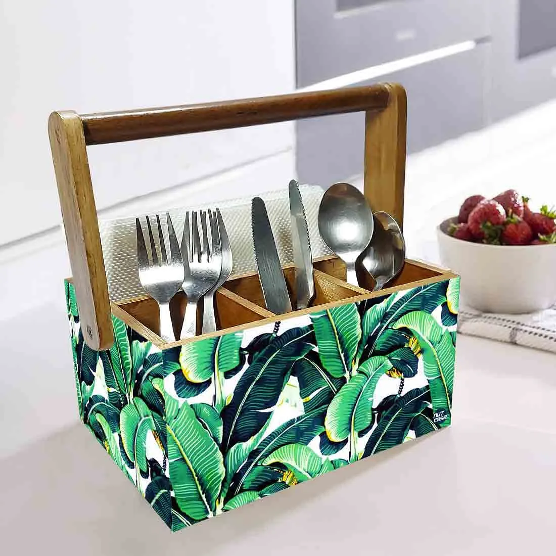 Cutlery Stand for Dining Table Tissue Knives & Spoons Organizer - Banana Leaves
