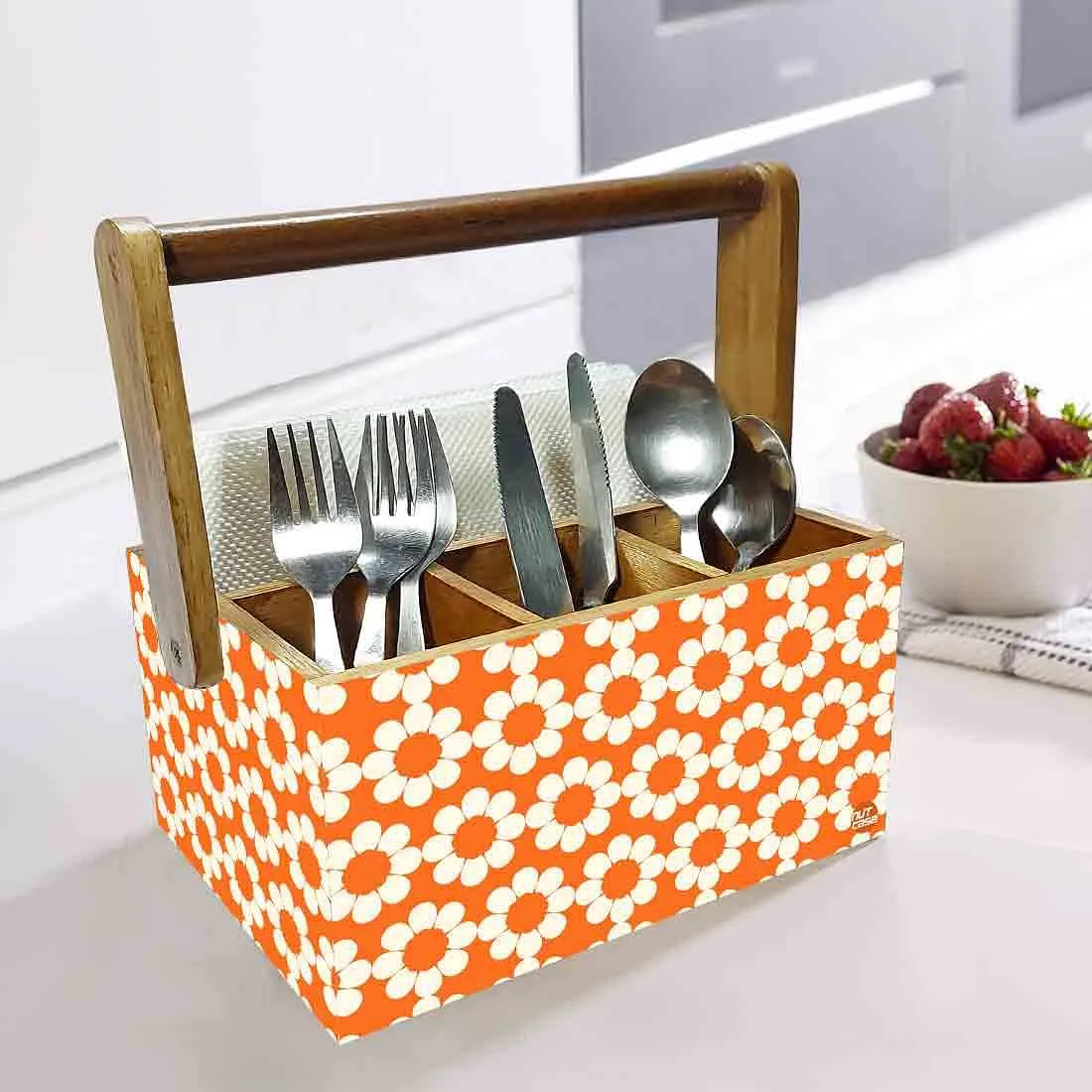 Cutlery Stand for kitchen Big Size Holder With Handle - Orange Flower