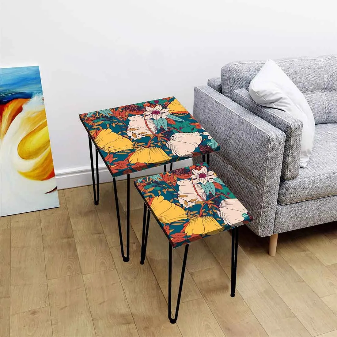 Designer Printed 2 Piece Nest Tables for Home Office and Outdoor - Yellow Flower