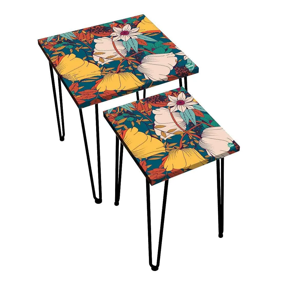Designer Printed 2 Piece Nest Tables for Home Office and Outdoor - Yellow Flower