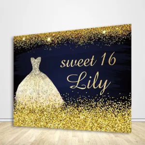 Gold and Black Sweet 16 Backdrop Girls 16th Birthday Party Decoration - Designed, Printed and Shipped