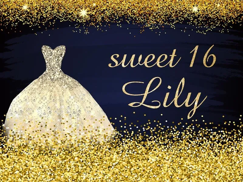 Gold and Black Sweet 16 Backdrop Girls 16th Birthday Party Decoration - Designed, Printed and Shipped