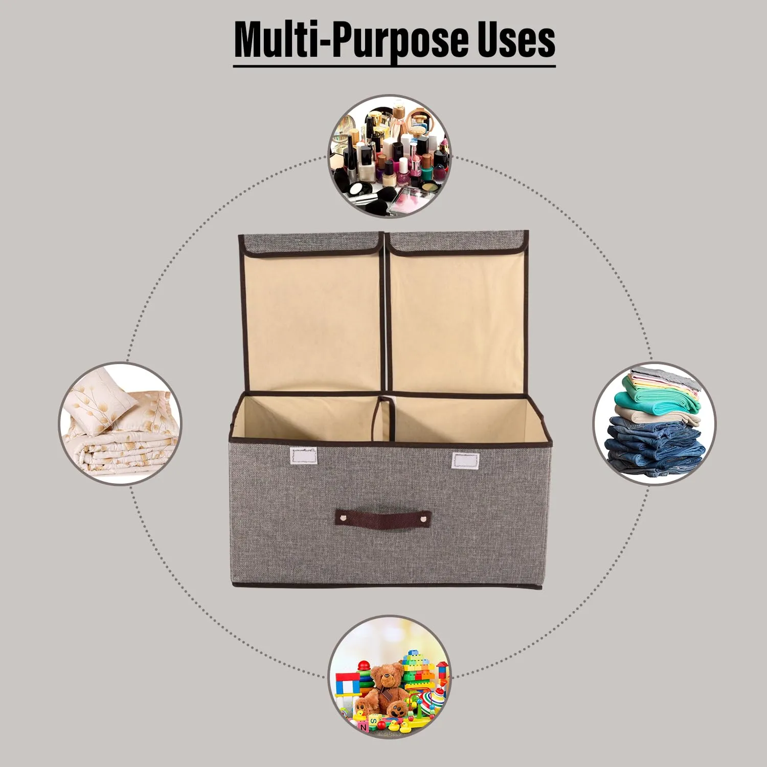 Homestic Foldable Storage Box | Double Lid Storage Box with Handle | Stackable Storage Box For Clothes-Toys-Books | YJA007-GRY | Grey