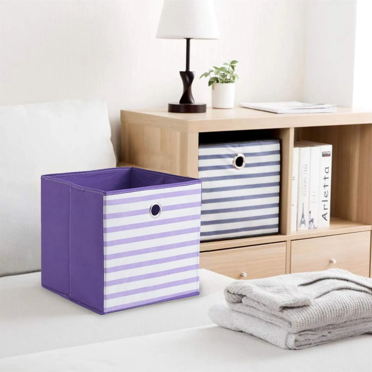 Kuber Industries Foldable Storage Basket|Square Toy Storage Bin|Front Grab Handle|Wardrobe, Closet Organizer (Purple) (Pack Of 2)
