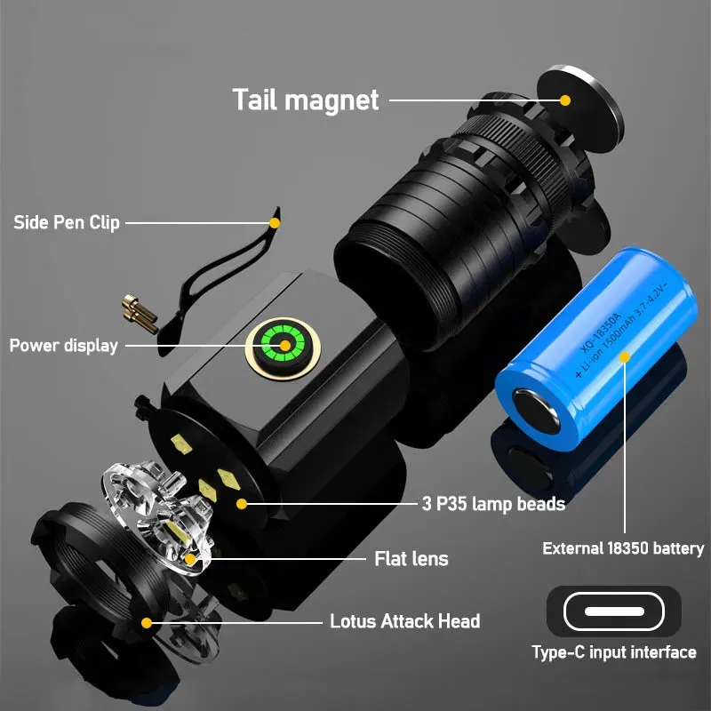 Mini LED Flashlight 18350 Battery Torch 2000LM  Strong Light Rechargeable Type-C Lamp IP68 Waterproof Hiking Camping With Magnet