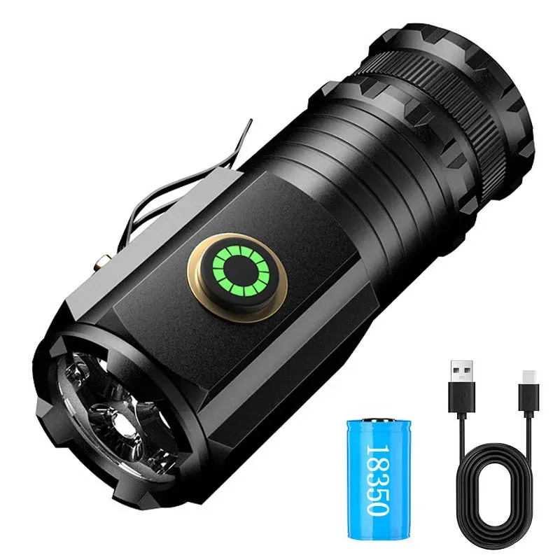 Mini LED Flashlight 18350 Battery Torch 2000LM  Strong Light Rechargeable Type-C Lamp IP68 Waterproof Hiking Camping With Magnet