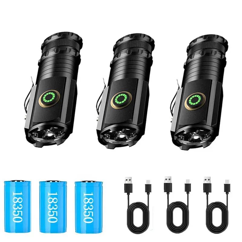 Mini LED Flashlight 18350 Battery Torch 2000LM  Strong Light Rechargeable Type-C Lamp IP68 Waterproof Hiking Camping With Magnet