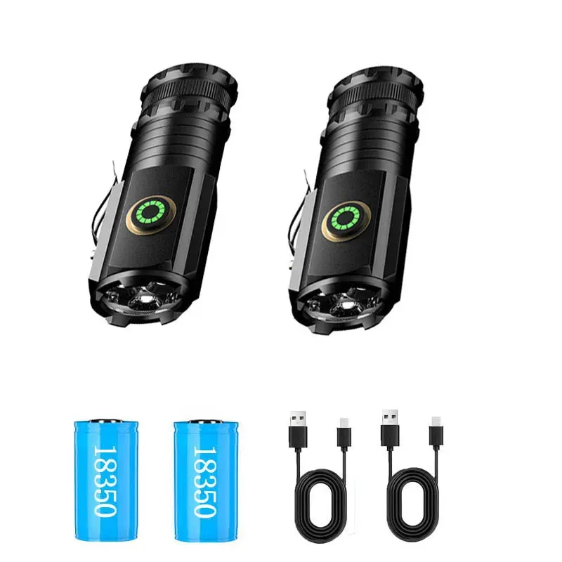 Mini LED Flashlight 18350 Battery Torch 2000LM  Strong Light Rechargeable Type-C Lamp IP68 Waterproof Hiking Camping With Magnet