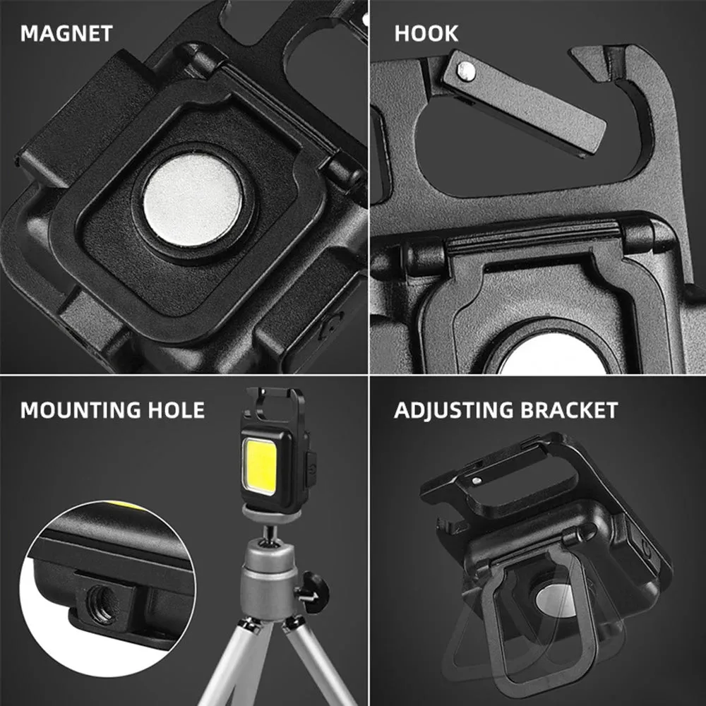 Mini LED Flashlight Pocket Keychains Light Work Lights USB Rechargeable Camping Fishing Lantern Torch with Magnet Hook Corkscrew