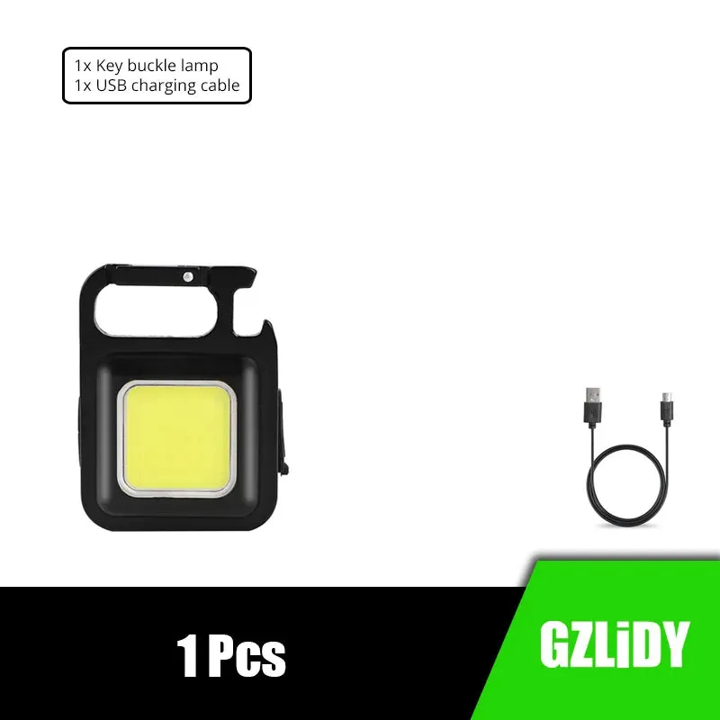 Mini LED Flashlight Pocket Keychains Light Work Lights USB Rechargeable Camping Fishing Lantern Torch with Magnet Hook Corkscrew