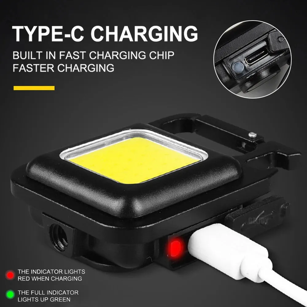 Mini LED Flashlight Pocket Keychains Light Work Lights USB Rechargeable Camping Fishing Lantern Torch with Magnet Hook Corkscrew