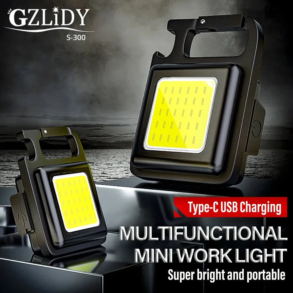Mini LED Flashlight Pocket Keychains Light Work Lights USB Rechargeable Camping Fishing Lantern Torch with Magnet Hook Corkscrew