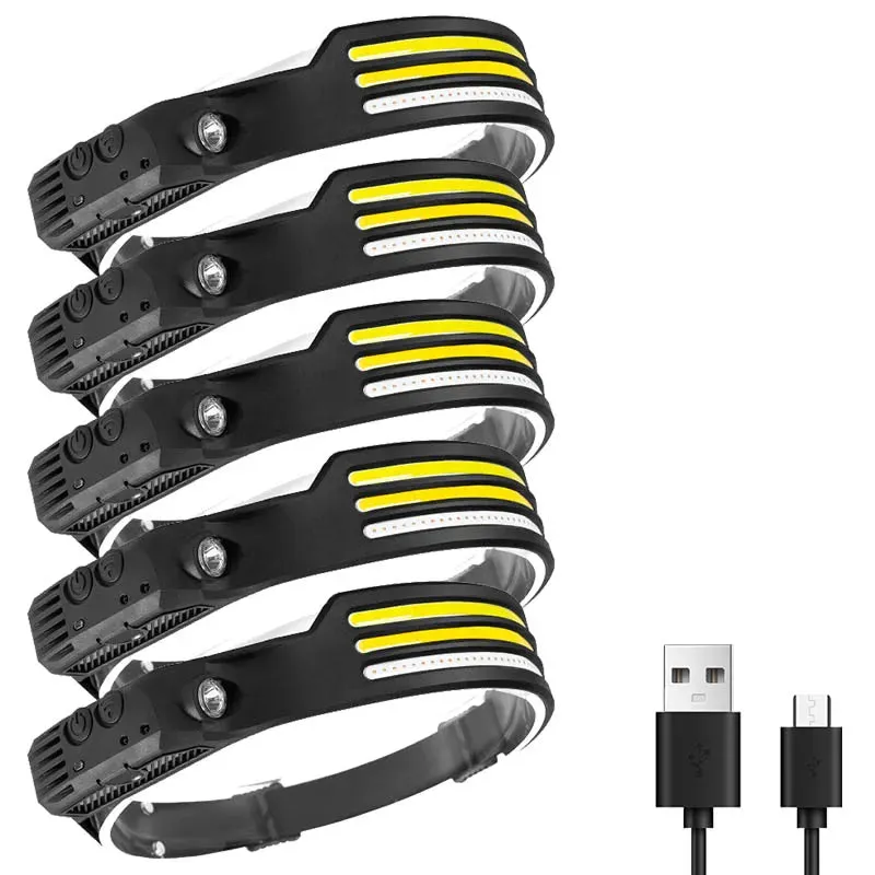 Multifunctional induction headlights 3 COB White red yellow light USB Rechargeable Head Torch 10 Lighting Modes Head Light