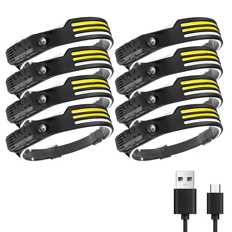 Multifunctional induction headlights 3 COB White red yellow light USB Rechargeable Head Torch 10 Lighting Modes Head Light