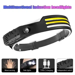 Multifunctional induction headlights 3 COB White red yellow light USB Rechargeable Head Torch 10 Lighting Modes Head Light