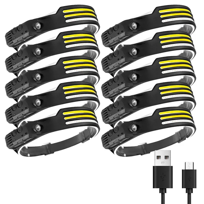 Multifunctional induction headlights 3 COB White red yellow light USB Rechargeable Head Torch 10 Lighting Modes Head Light
