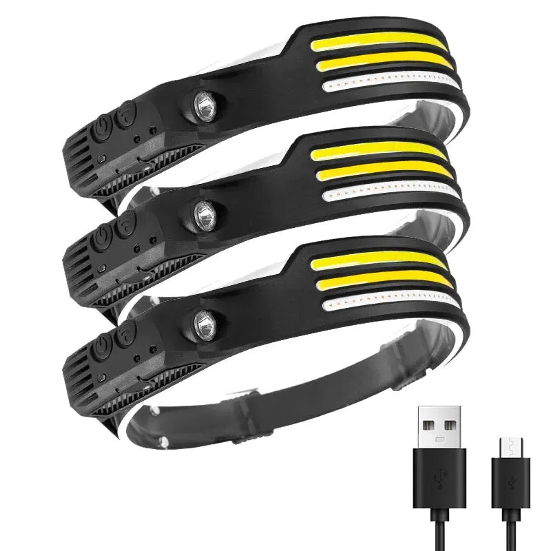 Multifunctional induction headlights 3 COB White red yellow light USB Rechargeable Head Torch 10 Lighting Modes Head Light