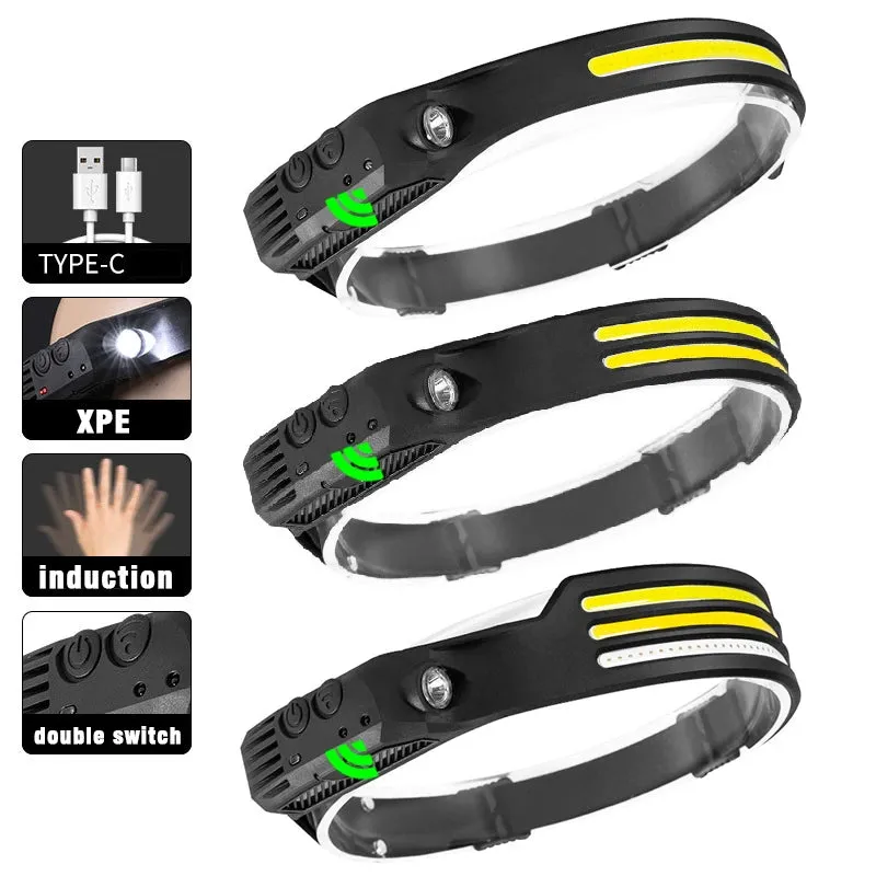 Multifunctional induction headlights 3 COB White red yellow light USB Rechargeable Head Torch 10 Lighting Modes Head Light
