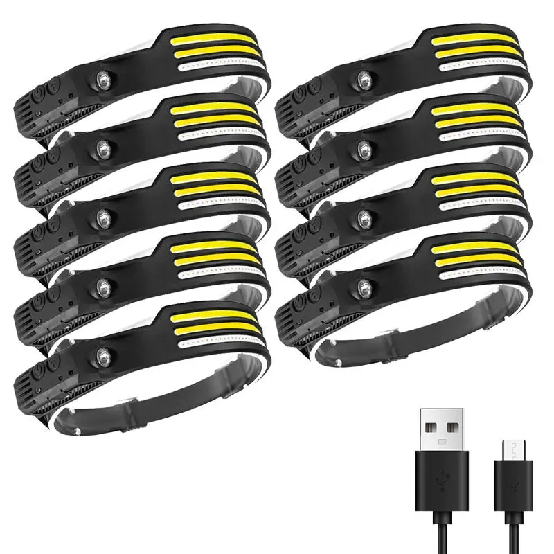 Multifunctional induction headlights 3 COB White red yellow light USB Rechargeable Head Torch 10 Lighting Modes Head Light