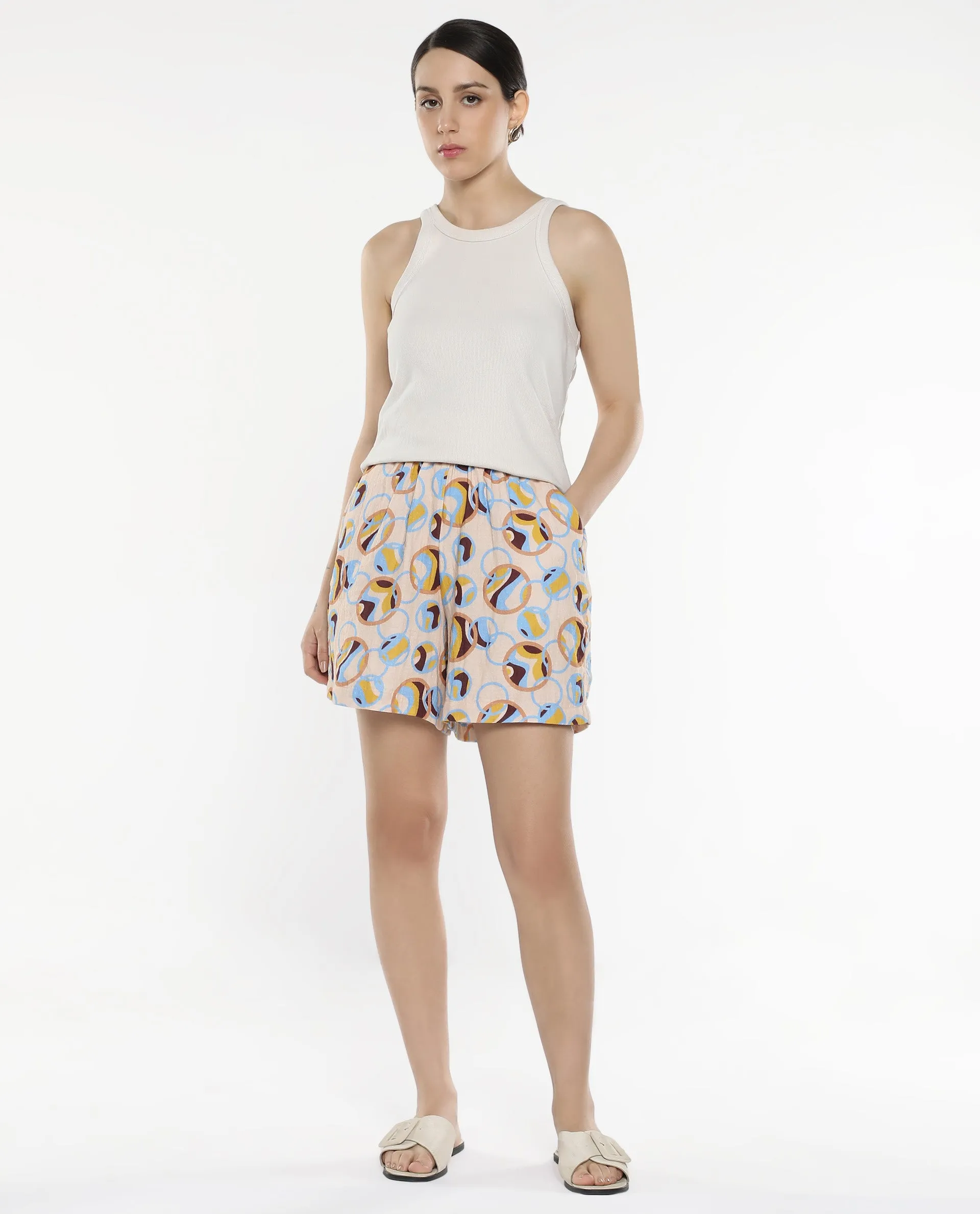 Rareism Women Labuto-B Light Multi Cotton Fabric Relaxed Fit Mini Abstract Print Shorts