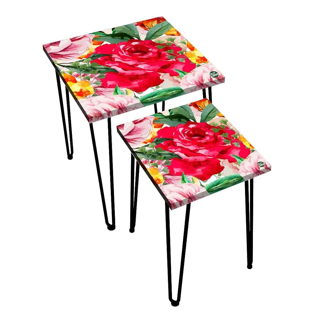 Set of 2 Square Nesting Tables for Home Office and Outdoor - Red Floral