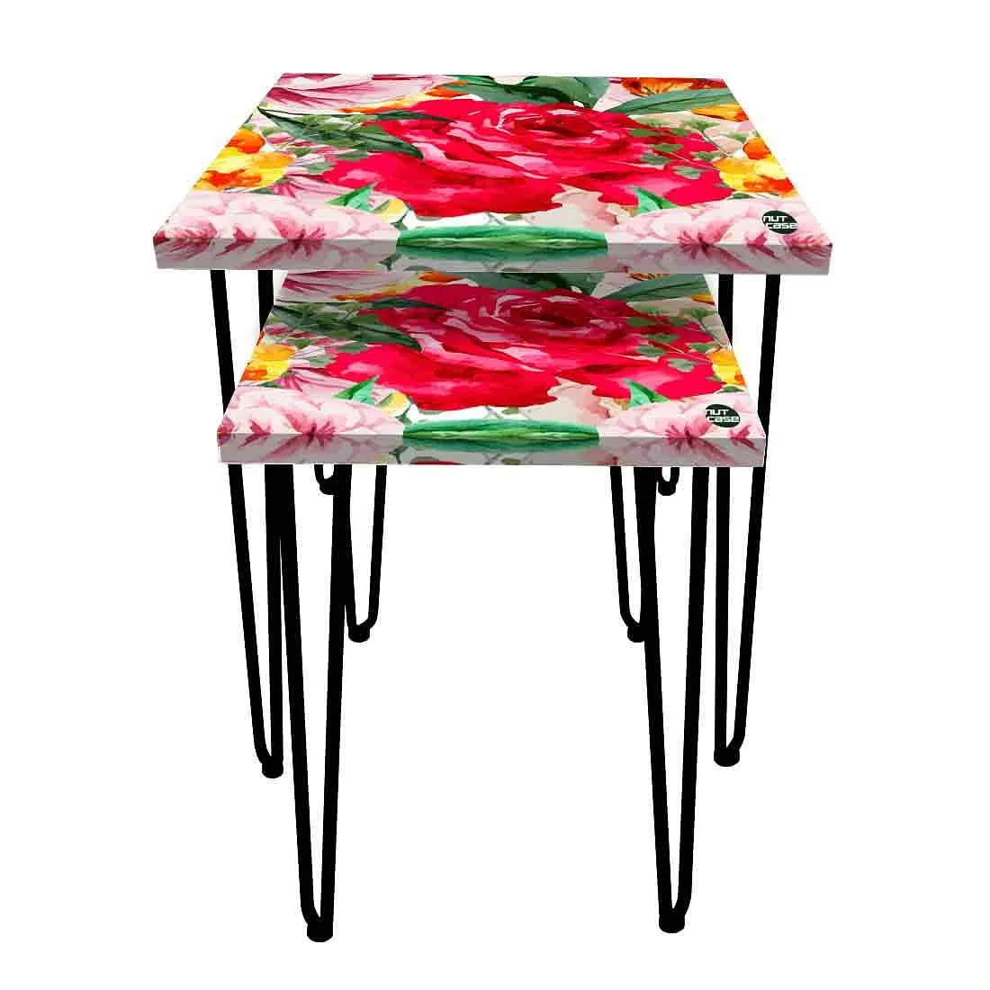 Set of 2 Square Nesting Tables for Home Office and Outdoor - Red Floral