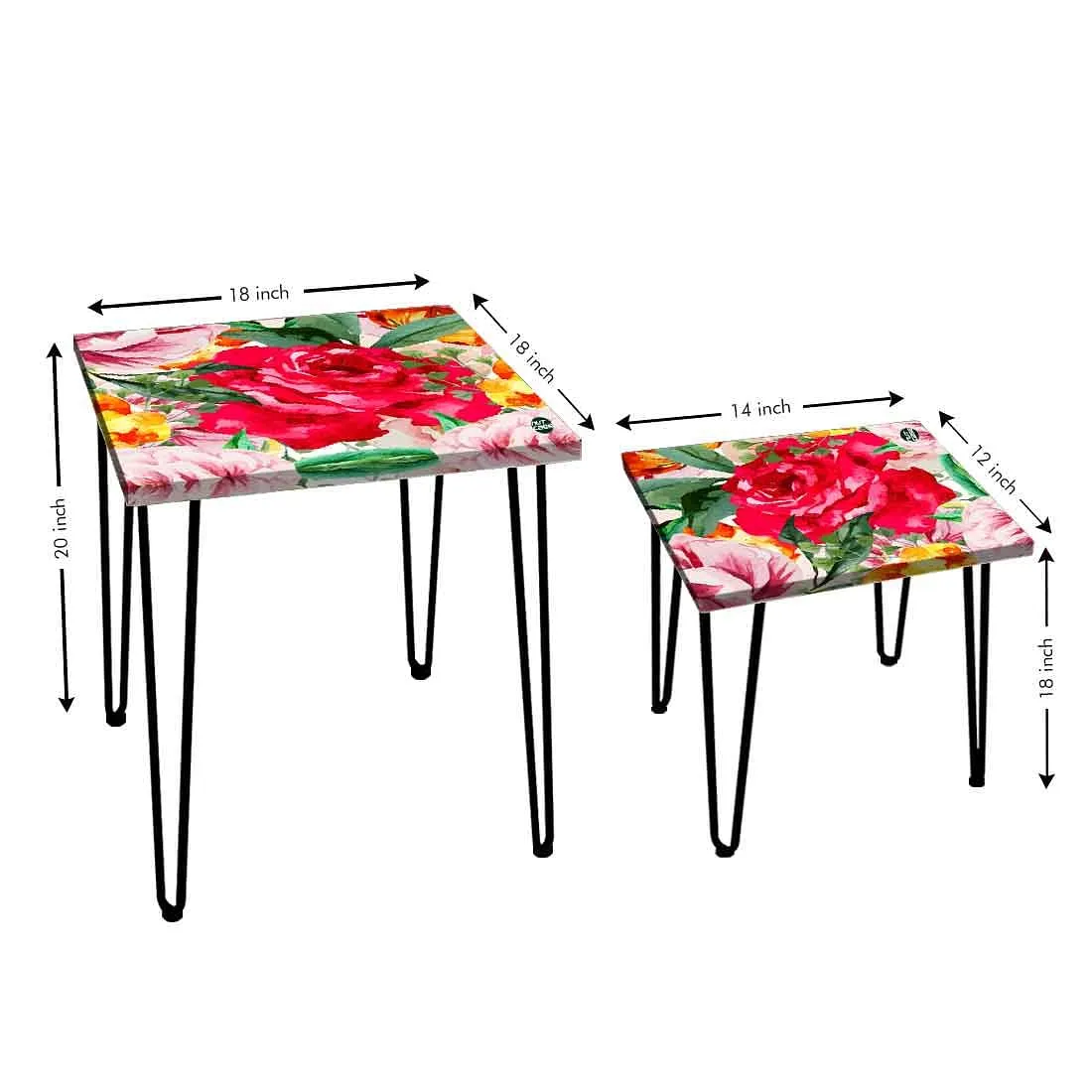 Set of 2 Square Nesting Tables for Home Office and Outdoor - Red Floral