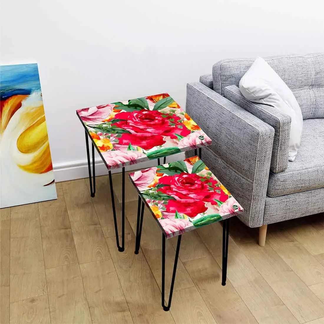 Set of 2 Square Nesting Tables for Home Office and Outdoor - Red Floral