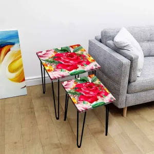 Set of 2 Square Nesting Tables for Home Office and Outdoor - Red Floral