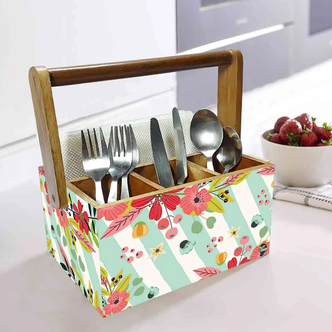 Tissue Box Holder for Dining Table Spoons Forks Organizer - Strips Floral