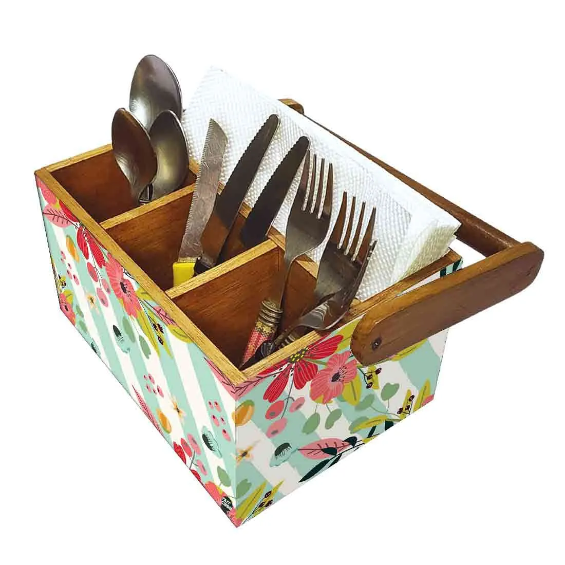 Tissue Box Holder for Dining Table Spoons Forks Organizer - Strips Floral