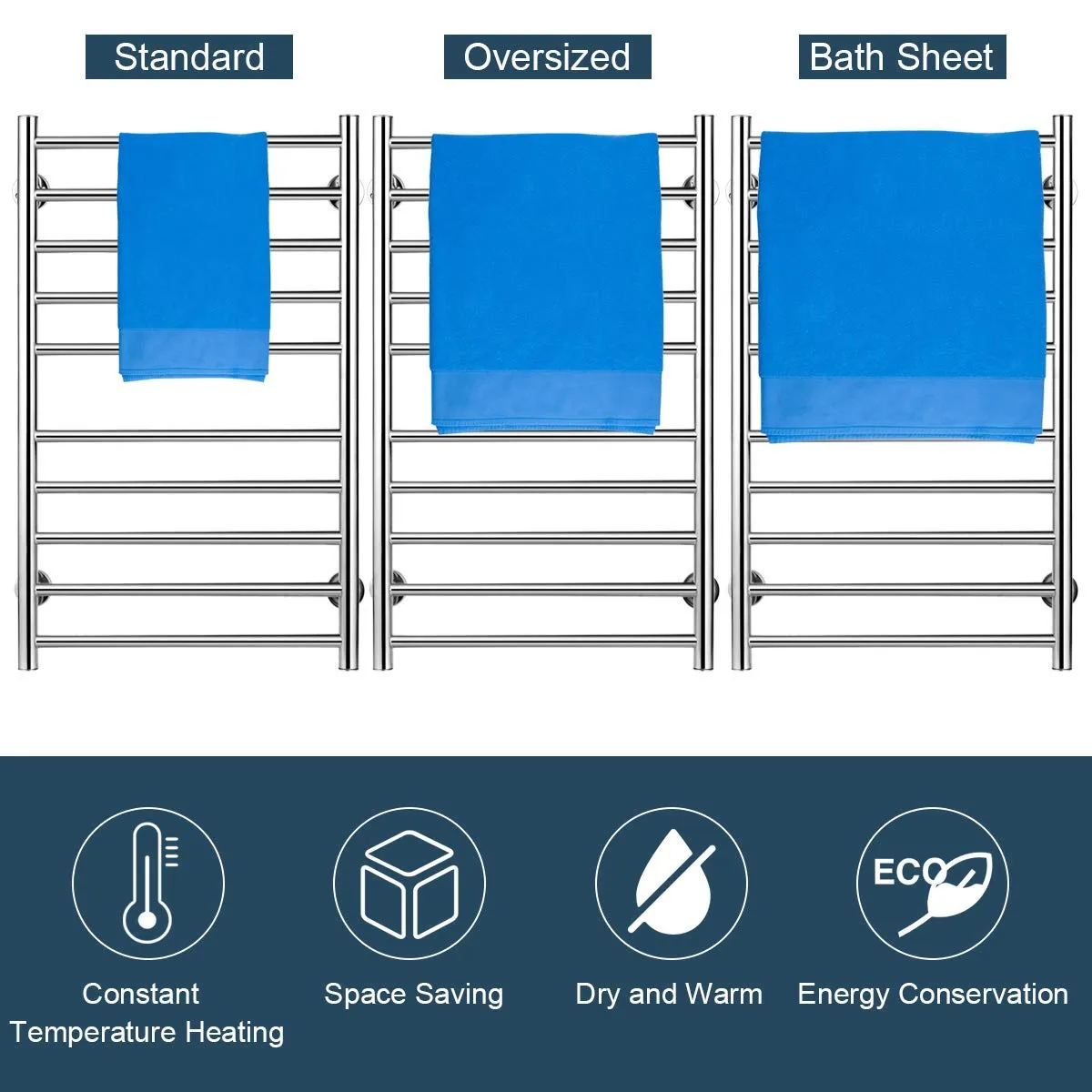 Towel Warmer, Home Bathroom 10 Bar Stainless Steel Space Saving Plug-in Wall Mounted Cloth Towel Heated Drying Rack