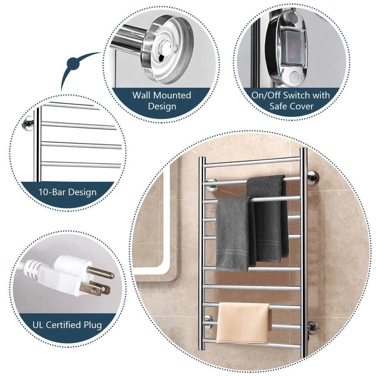 Towel Warmer, Home Bathroom 10 Bar Stainless Steel Space Saving Plug-in Wall Mounted Cloth Towel Heated Drying Rack
