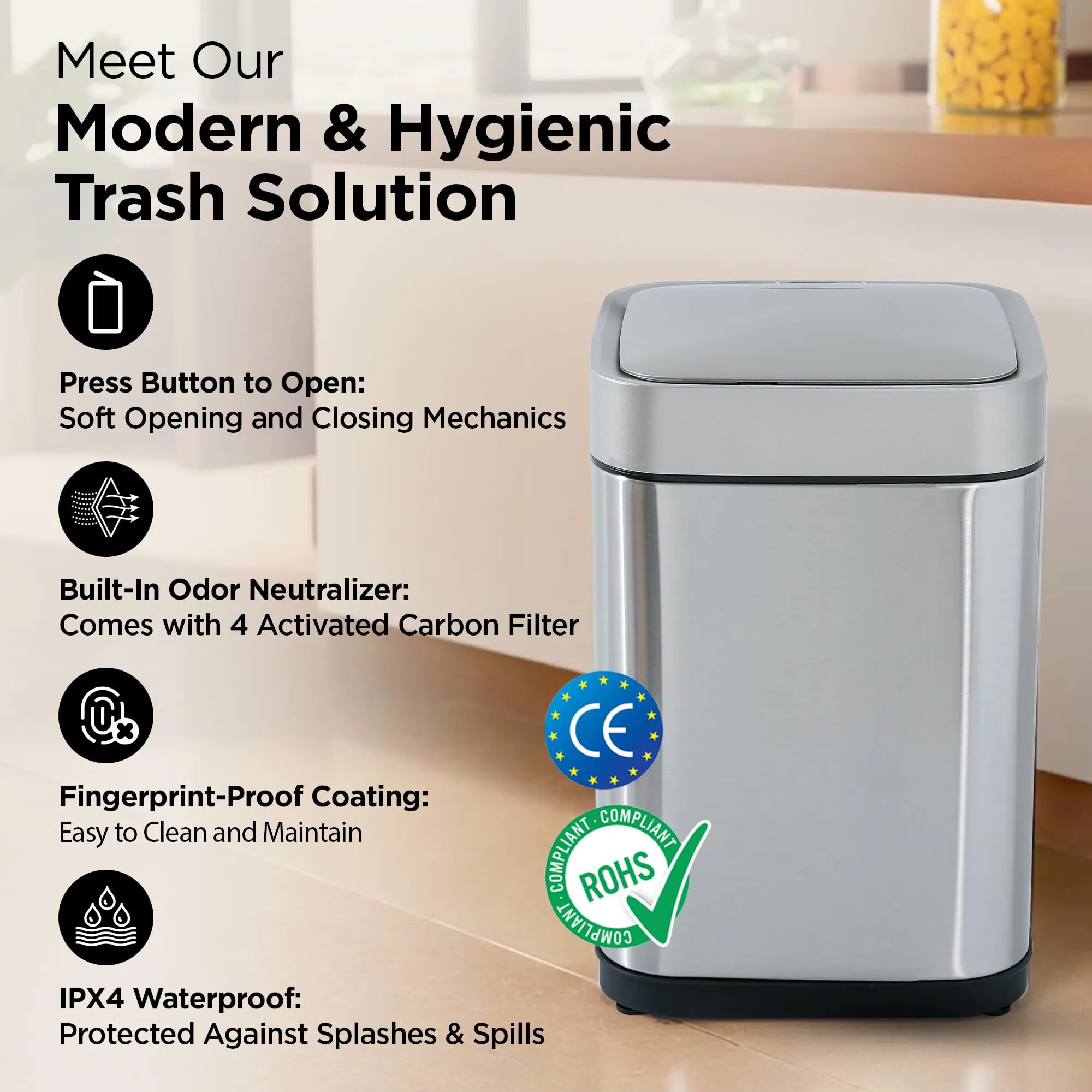 UMAI 10L Stainless Steel Automatic Dustbin For Kitchen | 21x21x31cm | Dust Bin For Office | Garbage Bin For Kitchen | Waterproof Dustbin For Bathroom | Both Sensor & Manual Function- Silver