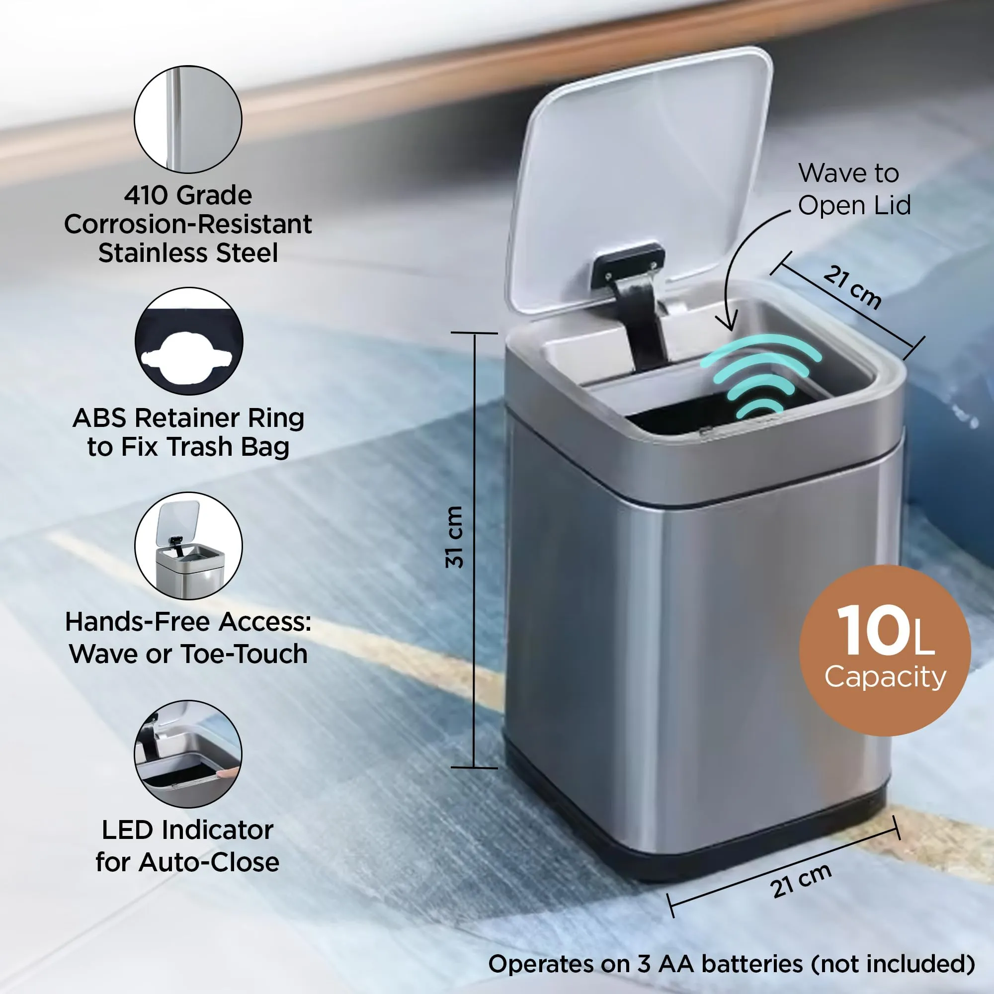 UMAI 10L Stainless Steel Automatic Dustbin For Kitchen | 21x21x31cm | Dust Bin For Office | Garbage Bin For Kitchen | Waterproof Dustbin For Bathroom | Both Sensor & Manual Function- Silver