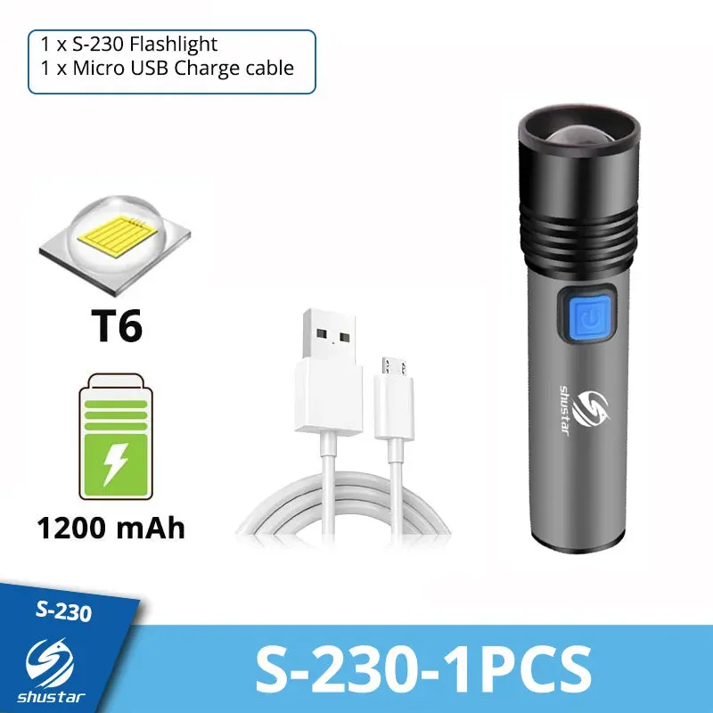 USB Rechargeable LED Flashlight With T6 LED Built-in 1200mAh lithium battery Waterproof camping light Zoomable Torch