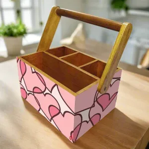 Wooden Cutlery Holder With Handle for Kitchen Storage - Pink Heart