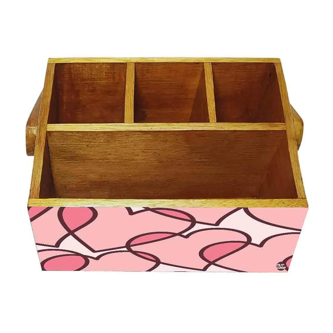 Wooden Cutlery Holder With Handle for Kitchen Storage - Pink Heart