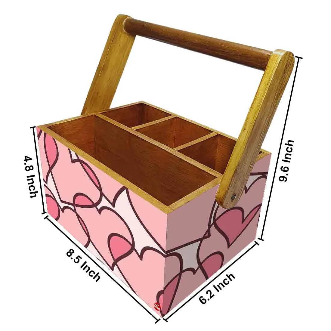 Wooden Cutlery Holder With Handle for Kitchen Storage - Pink Heart