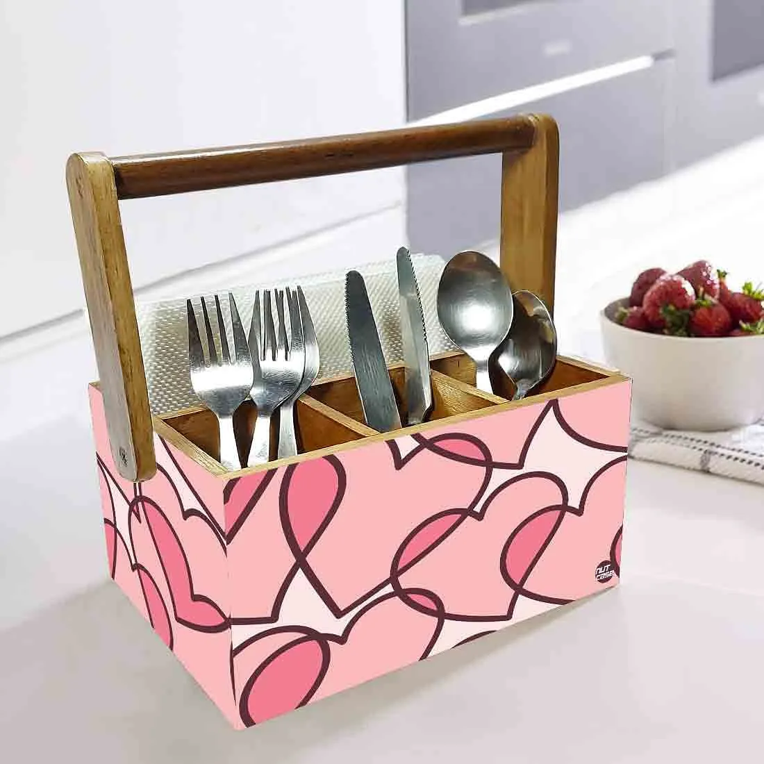 Wooden Cutlery Holder With Handle for Kitchen Storage - Pink Heart