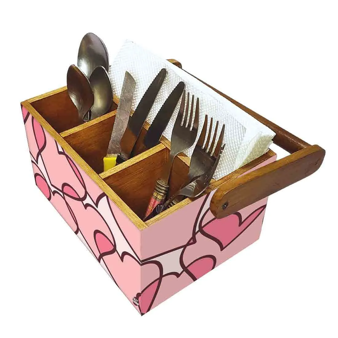 Wooden Cutlery Holder With Handle for Kitchen Storage - Pink Heart